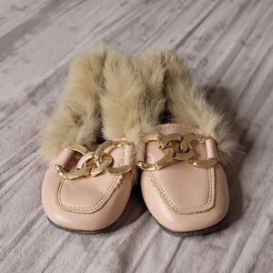 Pink Fur-Lined Loafers with Gold Chain